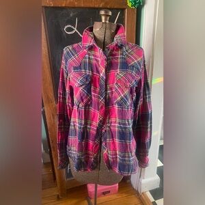 Super soft Maison Coupe Plaid Button-Up Shirt in Vivid Pink Blue and Yellow XL
